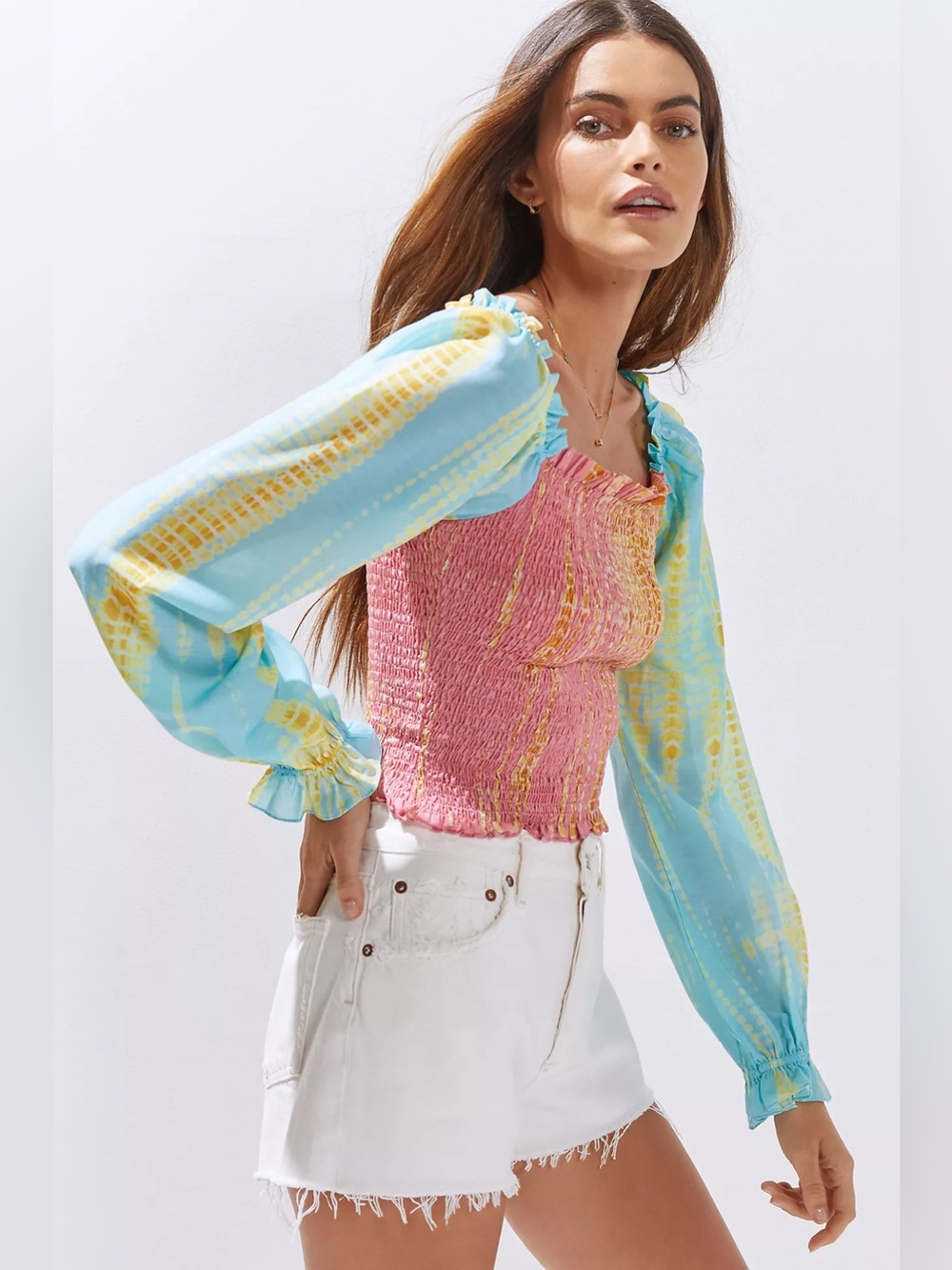 NWT Anthropologie Smocked Tie-Dye Blouse Blue Pink XL